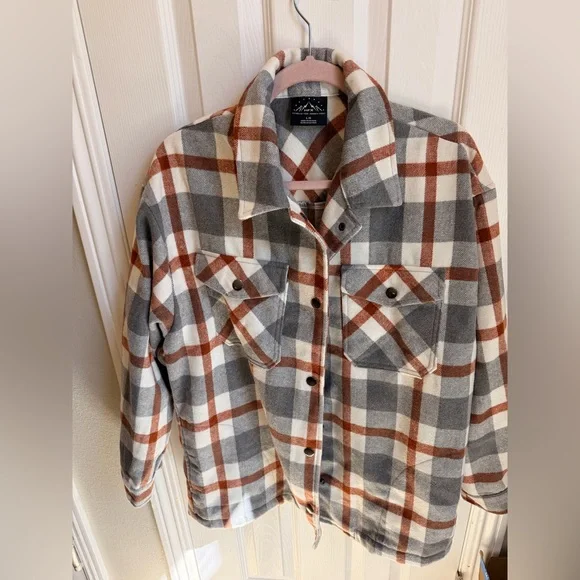 Women's Plaid Shacket in White, Gray & Brown - Picture 1 of 3